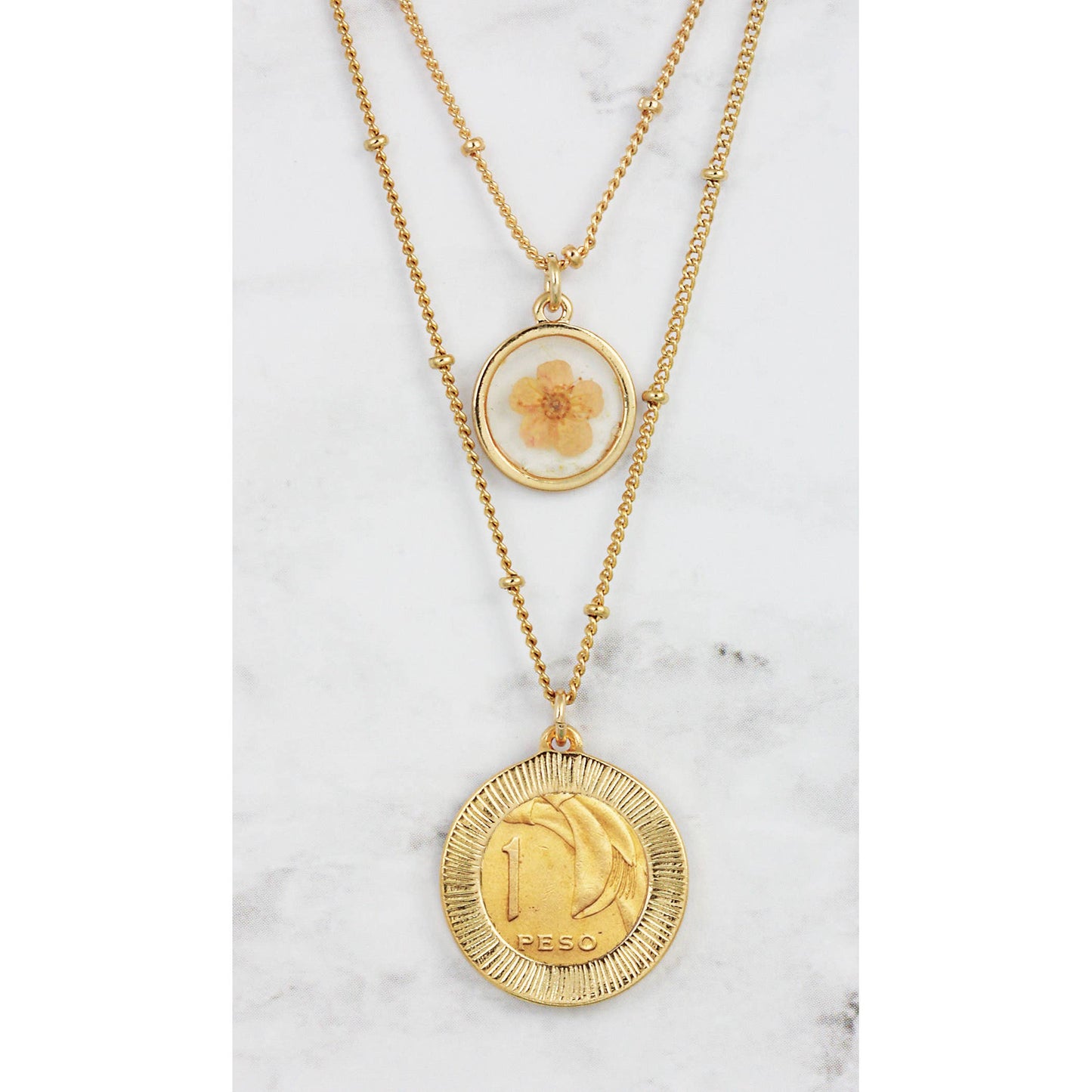 Sun Coin With Dry Flower Double Chain Necklace