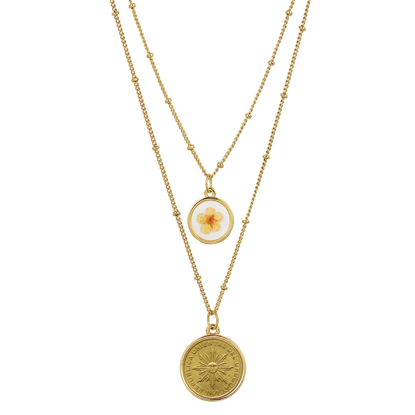 Sun Coin With Dry Flower Double Chain Necklace