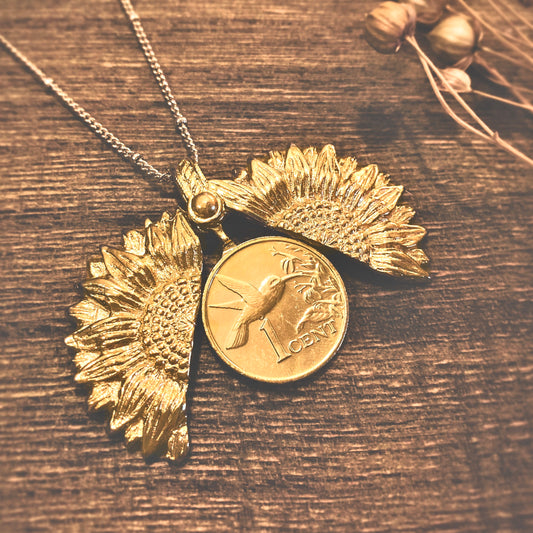 Sunflower & Hummingbird Layered Coin Necklace